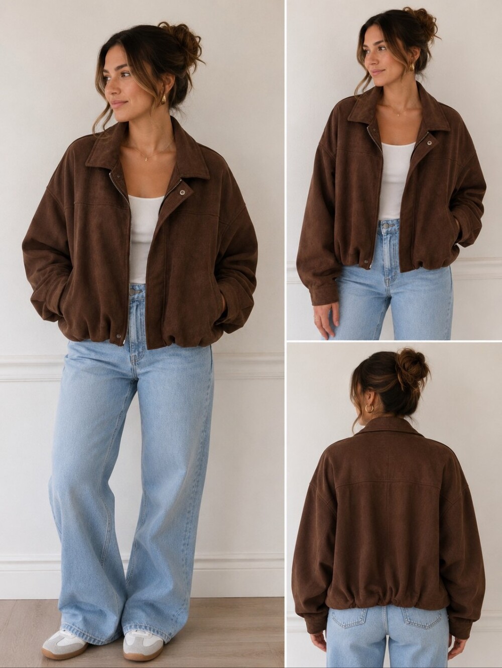 Brown Suede-Look Bomber Jacket - Women